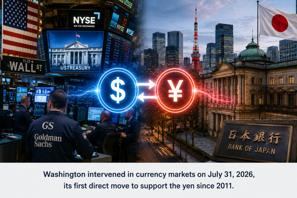 USD/JPY exchange rate chart showing the yen strengthening after the US Treasury buys yen intervention.