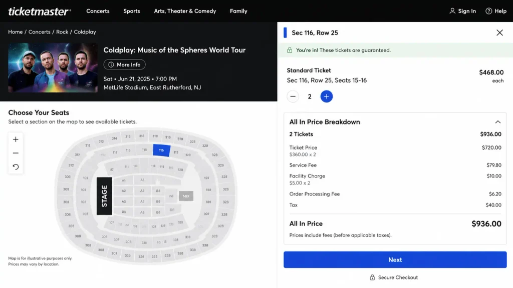 All-in ticket price display showing mandatory fees
